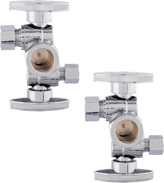2-Pack Foskan Dual Compression 1/4 Turn Angle Stop Valve with 2 Shut Off Valve/Handles,1/2" NOM (5/8" OD) x 3/8" OD x 1/4" OD,Chrome Plated Brass