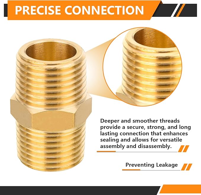 20-PCs HeSun Brass Hex Nipple Pipe Fitting, 3/8" NPT Male x 3/8" NPT Male Nipple Pipe Adapter, NPT012-20