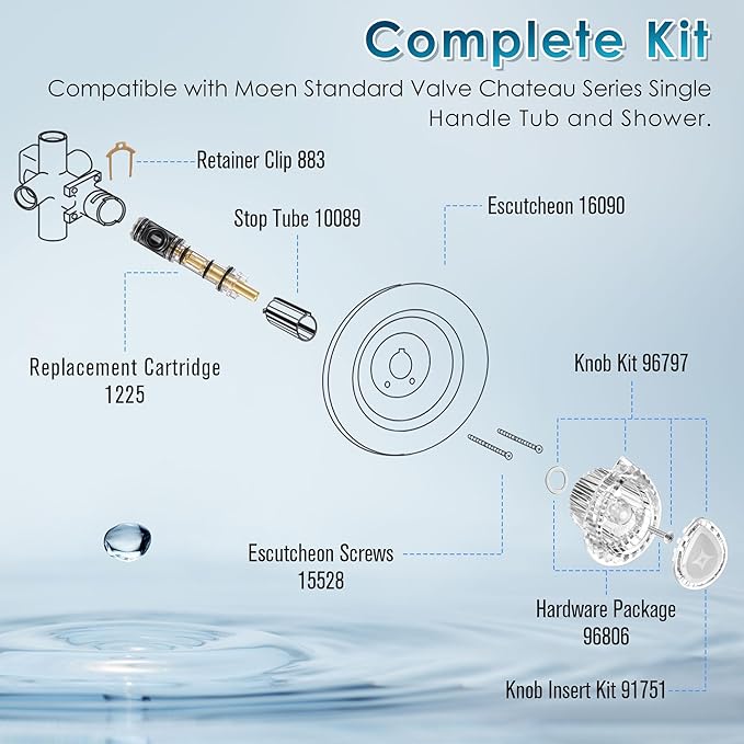 Cartridge Replacement with Removal Tool & Faucet Handle, Compatible with Moen 1225/1225B & 96797 & 104421, Compatible with Moen Chateau Series and/Moentrol Single Handle Tub and Shower Valve