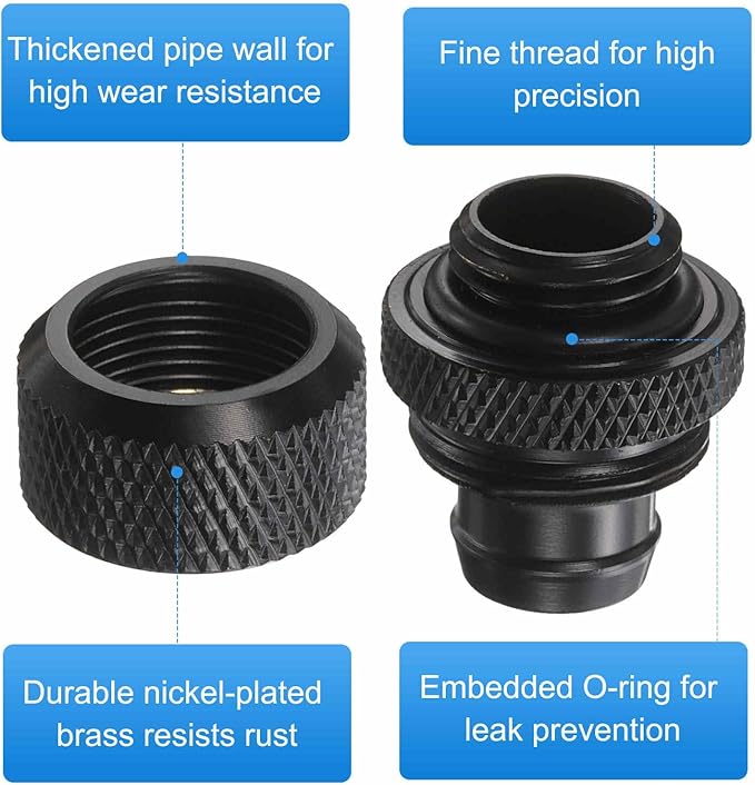 6-Pack G1/4" Thread 3/8 in ID 1/2 in OD Quick Tighten Compression Fitting - Durable Hard Tubing Compression Fitting for Soft Tubing, Computer Water Cooling System, Black
