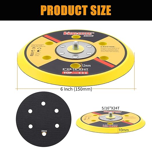 VIBRATITE 6 Inch 6 Hole Sander Backing Plate Pad, 5/16 Inch-24 Thread Dustless Random Orbital Sanding Pads, Dual-Action Orbital Sander/Polisher Backing Pad for Sanding Finishing Polishing, 6 Nails