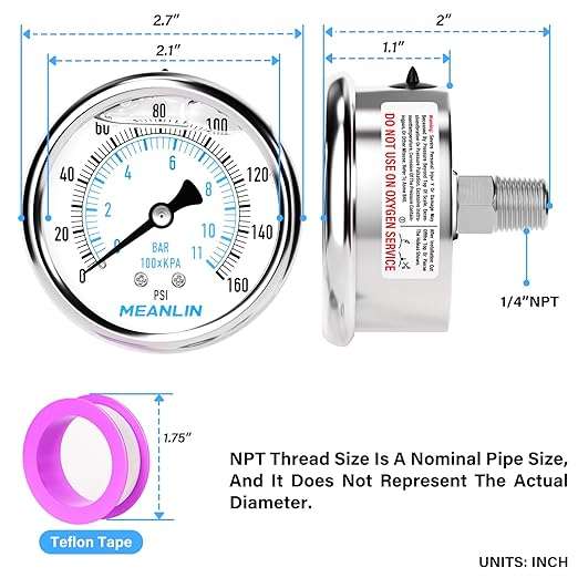 MEANLIN MEASURE 0~160Psi Liquid Filled Pressure Gauge Stainless Steel with 316 Stainless Steel Joint 1/4" NPT 2.5" FACE DIAL for Air Compressor RV Regulator Water Pressure Tester Center Back Mount