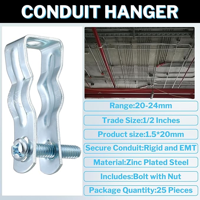 25 Pcs EMT Conduit Hanger with Bolt,Insulated Supports or Threaded Rods,Metal Galvanized Conduit Clamps Strut Straps and Hangers Rigid Pipe Fittings Mounting(1/2 Inch)