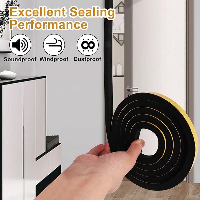 Weather Stripping Door Seal Strip, Strong Adhesive, Cold Insulation, Weatherproof, High Density Foam Insulation Tape for Doors, Windows, Sliding Door, Black (1/2 in x 3/8 in x 13 Ft)