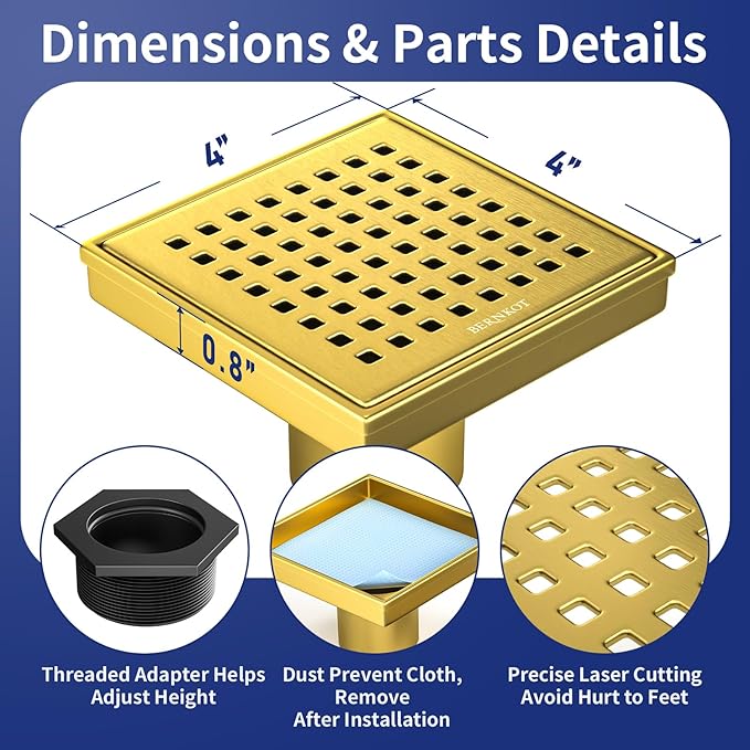 Square Shower Drain 4", 304 Stainless Steel Floor Drain w/Hair Strainer, Grid Shower Drain w/CUPC Certified (Brushed Gold, 4 Inch)