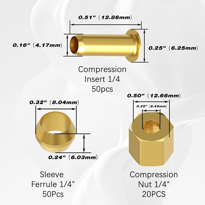 120PCS 1/4 inch Compression Fittings Assortment kit -（1/4") 50 Brass Compression Sleeve Ferrule, 50 Insert & 20 nuts - used to connect lines for air,water,fuel,oil and inert gases