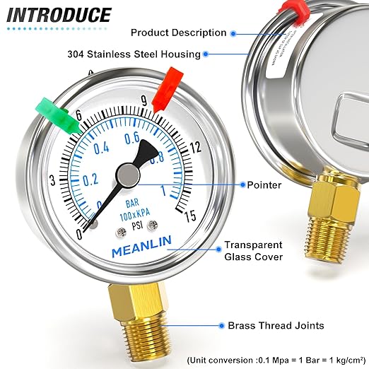 MEANLIN MEASURE 0~15Psi Dry Low Pressure Gauge Stainless Steel 1/4" NPT 2" FACE DIAL Waterproof for Water Oil Air Well Pump Tank Tire Pressure Test Lower Mount (with 2PCS Snaps)