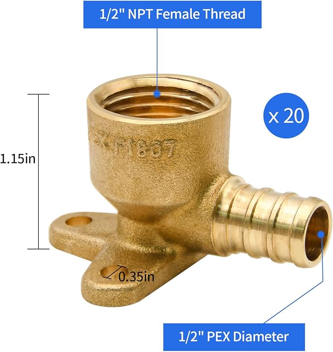 20 Pack Drop Ear Elbow Fittings, PEX 1/2" x 1/2" NPT Female Threaded Adapter Crimp Fitting, Brass, Full Port for PEX pipes in plumbing jobs