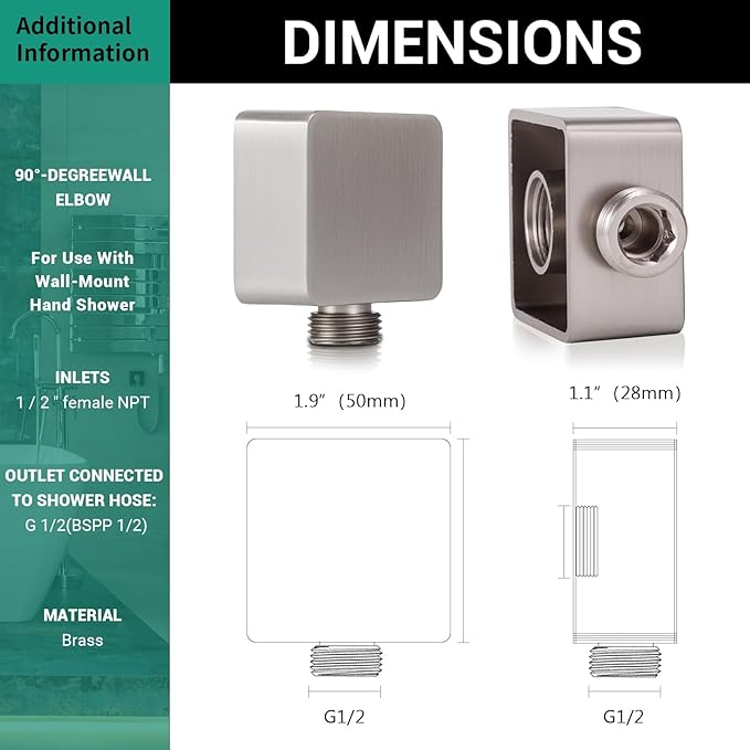 Wall Supply Elbow for Hand Held Shower, Solid Brass Square Mount in Brushed Nickel, JB-022BN