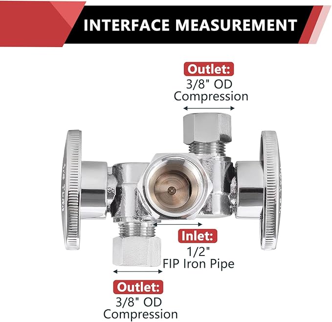 EFIELD 1/4 Turn Dual Compression Outlet Angle Stop Valve with 2 Shut Off Valve/Handles, 1/2" Fip Iron Pipe Inlet X (3/8 inch x 3/8 inch),Chrome Plated,(VALVE140)
