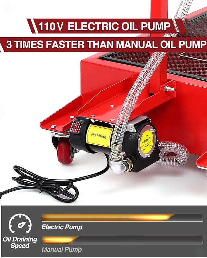 Low Profile Oil Drain Pan, 20 gal Electric Oil Drain Pan with Pump 110V Electric Pump, 8 ft Hose & Folding Handle, Rolling Cart for Cars, Trucks, Buses, RVs