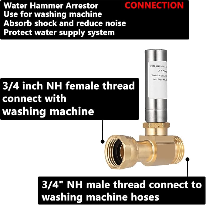 (2 Pack) Lidertik Water Hammer Arrestor for Washing Machine and 3/4 Inch Garden Hose, Stainless Steel Chamber and 2 More Washers, Absorb Shock and Reduce Noise LI-XYJSC-BXG-S(2 PCS)