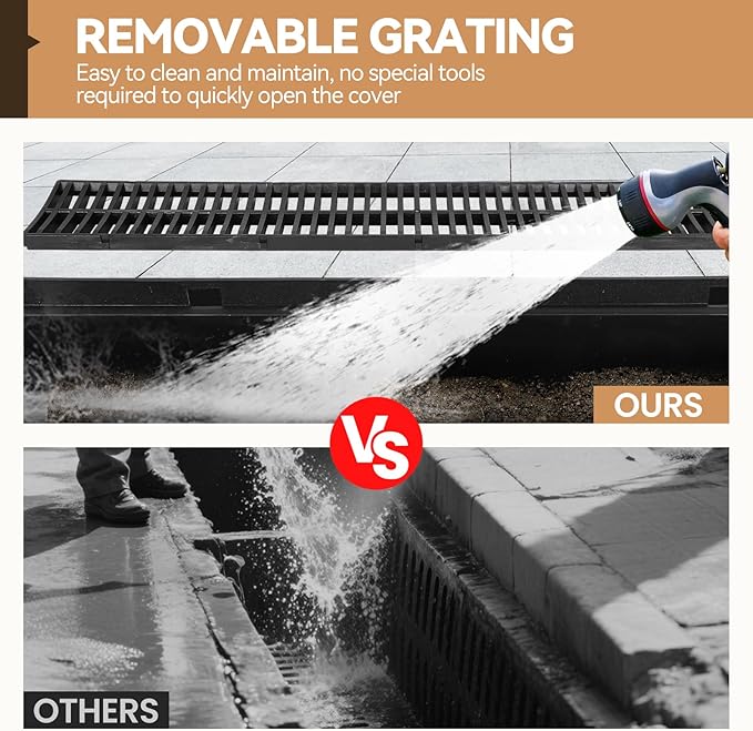 6 Pack Trench Drain System, Channel Drain with Plastic Grate, Driveway Drainage Channel Systems,Channel Drain Pipe Outdoor Trench Drainage System,5.9X5.1X39 Inch