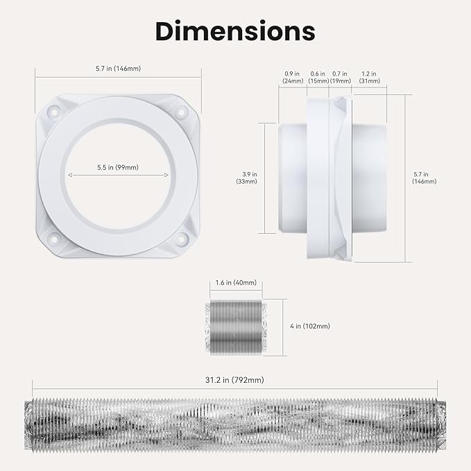 Magnetic Dryer Vent Coupling FR ABS V-0 Dryer Vent Connector Kit Airtight Seal Easy to Clean Quick Connector Including a 2.6ft 4" Duct and two Clamps, White, SDV180