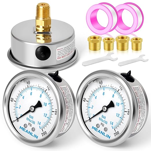 MEANLIN MEASURE 0~200Psi Stainless Steel 1/4" NPT 2.5" FACE DIAL Liquid Filled Pressure Gauge WOG Water Oil Air Back Mount (Pack of 2), with 1/2" NPT and 3/8" NPT Hex Bushing