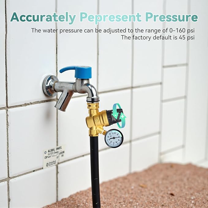 RV Water Pressure Regulator Valve With An Adjustable Knob, NO Tool Required, Brass Lead-Free Water Pressure Reducer with Gauge and Inlet Screen Filter for RV Camper Travel Trailer
