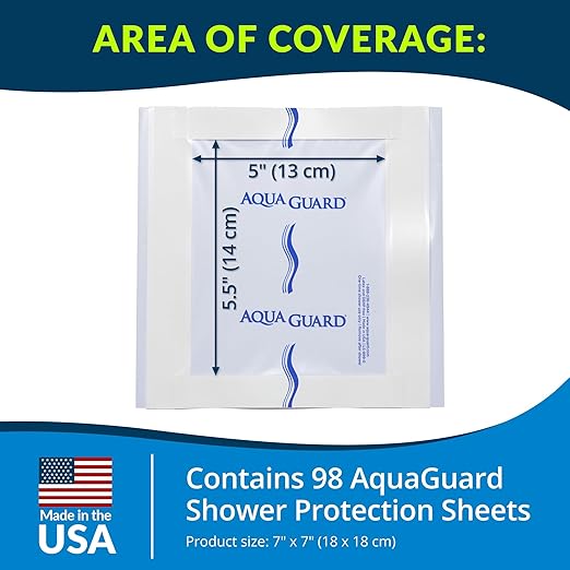 TIDI 50010-CSE AquaGuard Sheet – 7” x 7” – (Area of Coverage: 5” x 5.5”) – Shower Protection Sheet – Self-Adhesive Moisture Barrier – Wound Cover for Showering – 98 Sheets – Home Medical Supplies