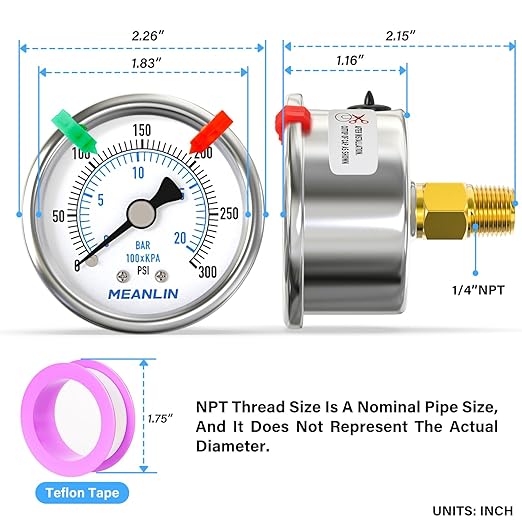 MEANLIN MEASURE 0~300Psi Dry Pressure Gauge Stainless Steel 1/4" NPT 2" FACE DIAL Waterproof for Air Compressor Air Regulator Water Filter Center Back Mount (with 2PCS Snaps)