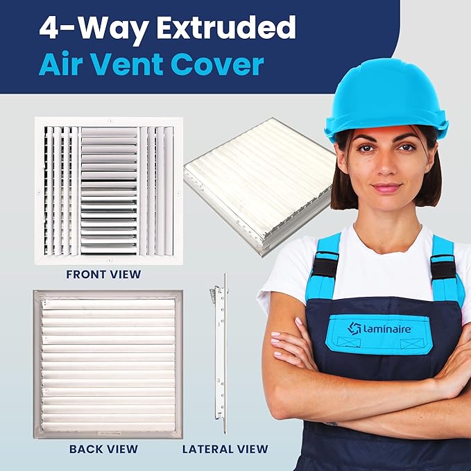 16x16 Inch (Duct Opening) Aluminum 4-Way Air Flow Vent – HVAC Vent Cover for Wall or Ceiling – Quiet HVAC Wall Register with Multi-Shutter Damper – Adjustable Curved Blade - Plastic Seal for Tight Fit