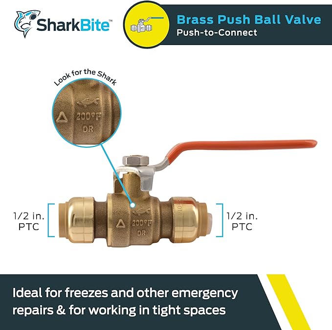 SharkBite 22222-0000LF Brass Push Ball Valves, 1/2