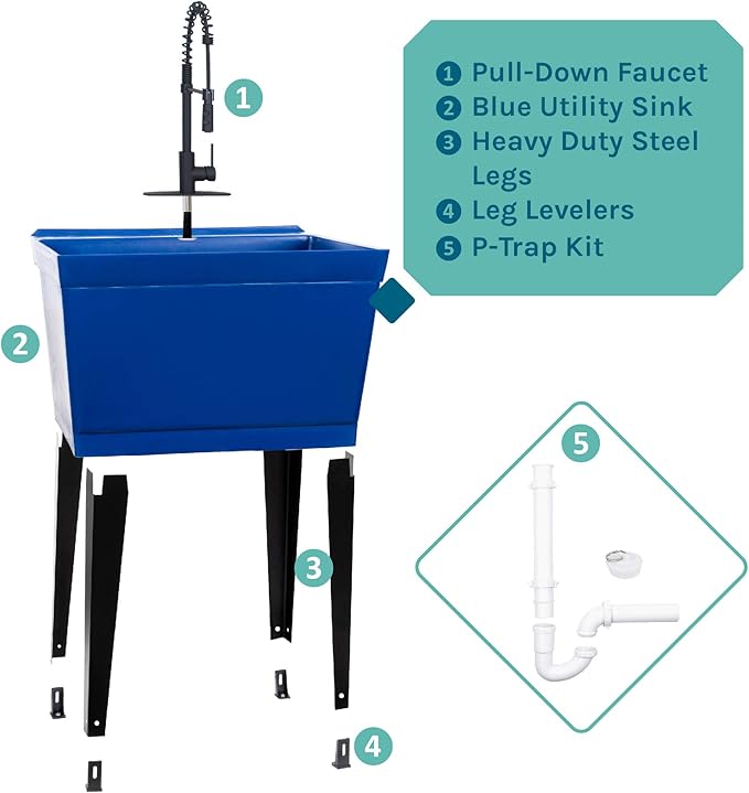 Utility Sink Extra-Deep Laundry Tub in Blue with High-Arc Black Coil Pull-Down Sprayer Faucet, Integrated Supply Lines, P-Trap Kit, Heavy Duty Floor Mounted Freestanding Wash Station