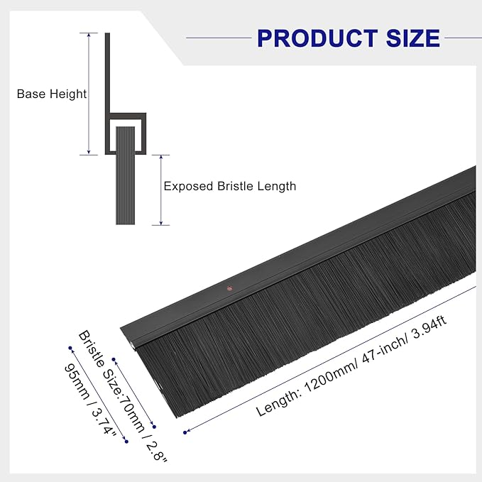 uxcell 2Pcs Door Brush Bottom Sweep H-Shape Aluminum Alloy Base with 2.8-inch PP Brush for Home, Industrial (47-inch L, Black)