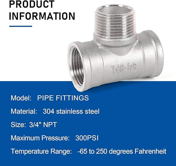Kodilin Pipe Fittings 304 Stainless Steel Tee Pipe Fittings, 3/4" NPT Female x 3/4" NPT Male x 3/4" NPT Female Pipe Fittings, Male Branch Tee - 4PCS