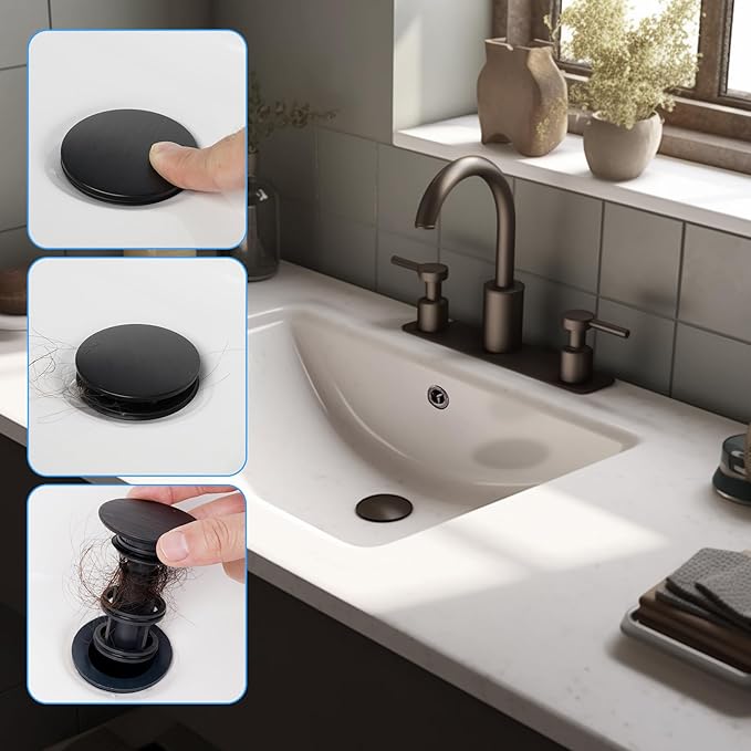 Hibbent 2 Pack Universal Bathroom Sink Drain Stopper, Pop Up Drain Strainer with Overflow, Push and Seal Sink Plug with Basket for Lavatory Vanity Vessel, Anti-Clogging Strainer, Oil Rubbed Bronze