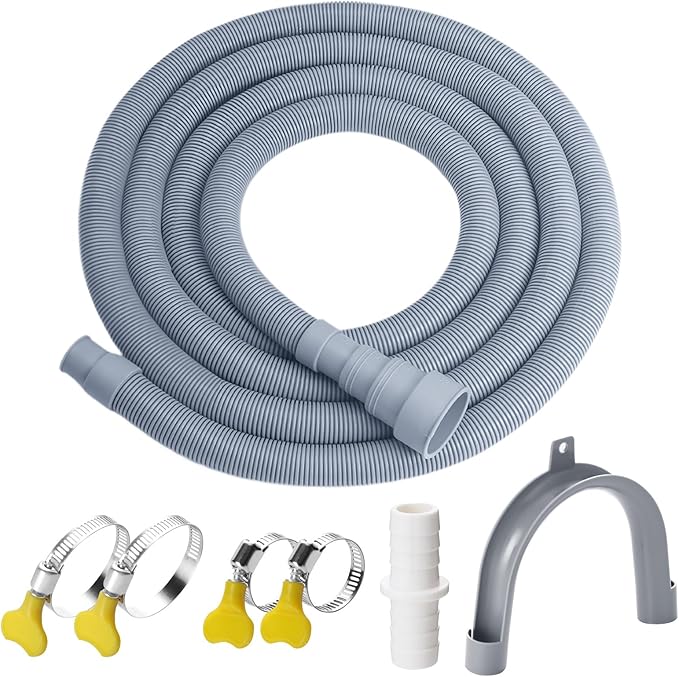 Washer Drain Hose, 8Feet Flexible Washing Machine Drain Hose Universal Dishwasher Hose Extension Kits Corrugated Washer Hoses W/ 1 Hose 4 Clamps 1 U-Bend Holder