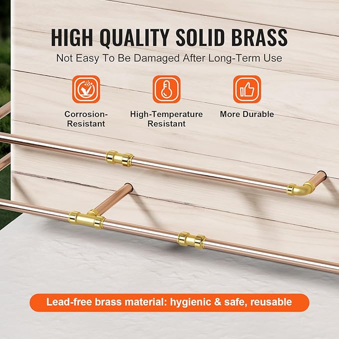 VEVOR Pipe Fittings, 1/2" 25PCS (10xStraight, 10xElbows, 5xTees) Brass Pipe Fittings, Push-Fit Pipe Connector Brass Air Fittings, Plumbing Fittings Adapter for Heating/Shower Systems, Water Pipes