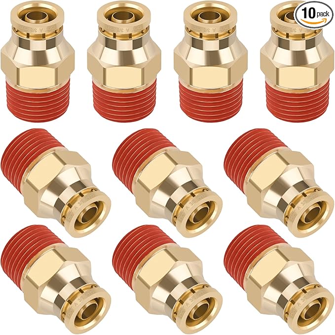 3/8" Quick Push to Connect Fittings Brass Union Straight Joint DOT Approved 3/8" Tube OD x 3/8" NPT Thread Air Line Adapter Air Suspension Kit for Truck Trailers and Air Brake System 10pcs