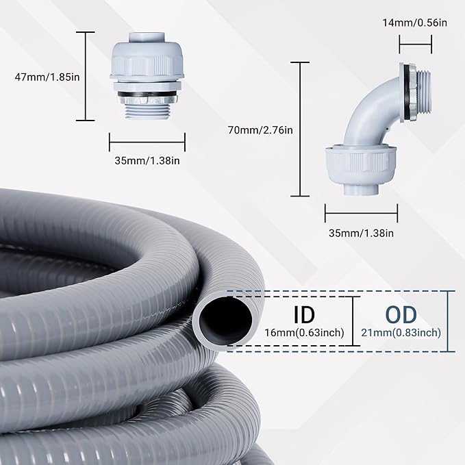 1/2 Inch 50FT Liquid Tight Conduit Kit, Flexible Non Metallic Electrical Conduit, with 5 Straight and 5 Angle Fittings, Suitable for Outdoor Lighting