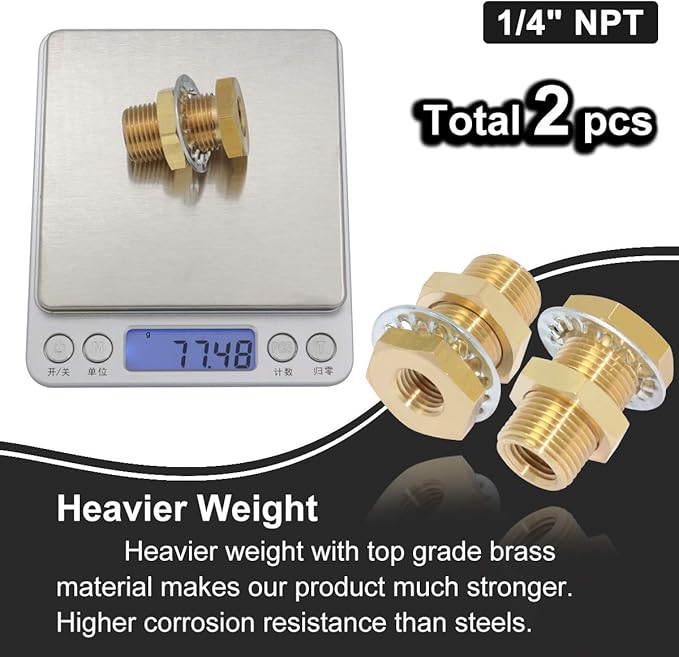 2pcs Brass Bulkhead Fittings 1/4” NPT Female to 1/4” NPT Female Thread Bulkhead Straight Connector Brass Coupling 1.5” Length Outer Diameter 3/4”-16 Bulkhead Tank Air Hose Line Pipe Fittings