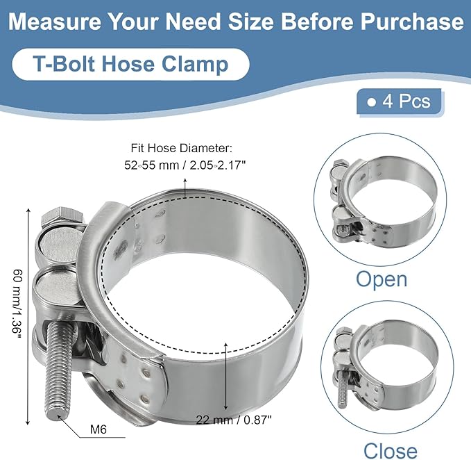 PATIKIL 52-55mm T-Bolt Hose Clamp, 4 Pack Intercooler Pipe Tube Clamps 304 Stainless Steel Radiator Hose Clamp for 2.05"-2.17" Pipe