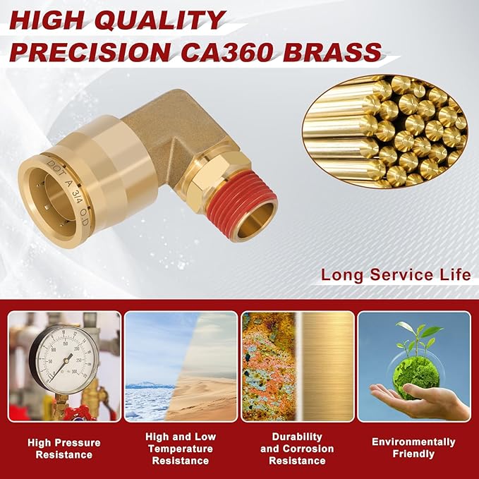 3/4" Quick Push to Connect Fittings Brass 90 Degree Union Swivel Elbow Joint DOT Approved 3/4" Tube OD x 3/8" NPT Thread Air Brake Line Adapter Air Suspension Kit for Car Truck Trailers 2pcs