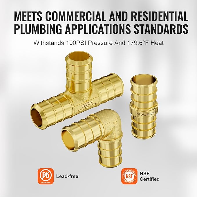 VEVOR Pipe Fittings, 3/4" 45PCS (15xStraight, 15xElbows, 15xTees) Brass Pipe Fittings, Push-Fit Pipe Connector Brass Air Fittings, Plumbing Fittings Adapter for Heating/Shower Systems, Water Pipes