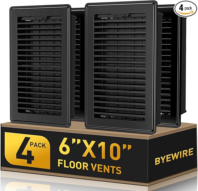 Floor Register - Floor Vent Covers 6x10 - Heavy Duty Steel Vent Covers for Home Floor and Wall - Adjustable Air Vents for Bedrooms & Living Rooms - Proof Finish Walkable Floor Vents - Black - 4 Pack
