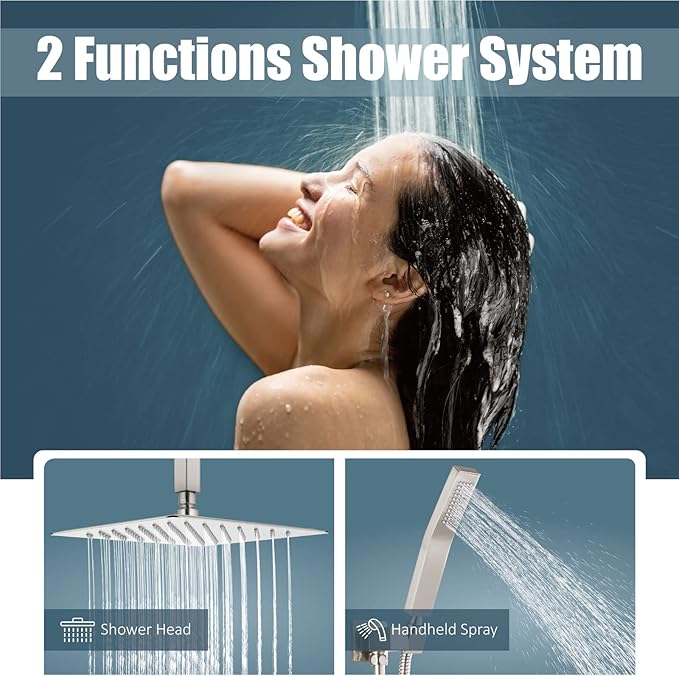 Aolemi Shower Faucet Set Ceiling Mount Shower System Rough-in Valve and Shower Trim Kit 10 Inch Shower Head Single Handheld Spray Square Knob Brushed Nickel