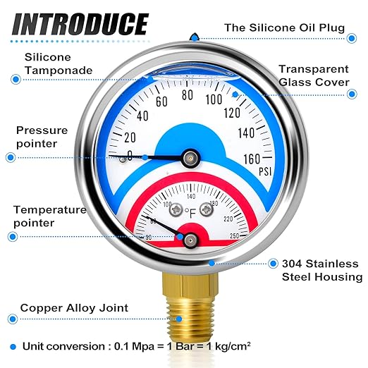 MEANLIN MEASURE 2PCS 0-160Psi Stainless Steel Thermal Pressure Gauge 30-250℉ 1/4" NPT 2.5" FACE DIAL Liquid Filled Pressure Gauge, with 1/2" NPT and 3/8" NPT Hex Bushing, Lower Mount
