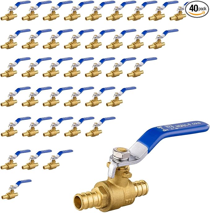 40 Pack Ball Valves, 1/2" Pex Crimp Shut Off Valve Blue, Brass Full Port Pex B Shut Off Ball Valve for Hot and Cold Water, NSF/ANSI 61 Certified