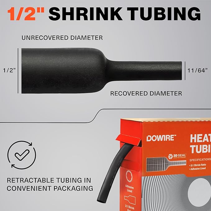 Heat Shrink Tubing 1/2" - Adhesive Lined - 3:1 Ratio - Waterproof Marine Grade Shrink Tube - Wire Shrink Wrap Tubing - Black - 20 Feet