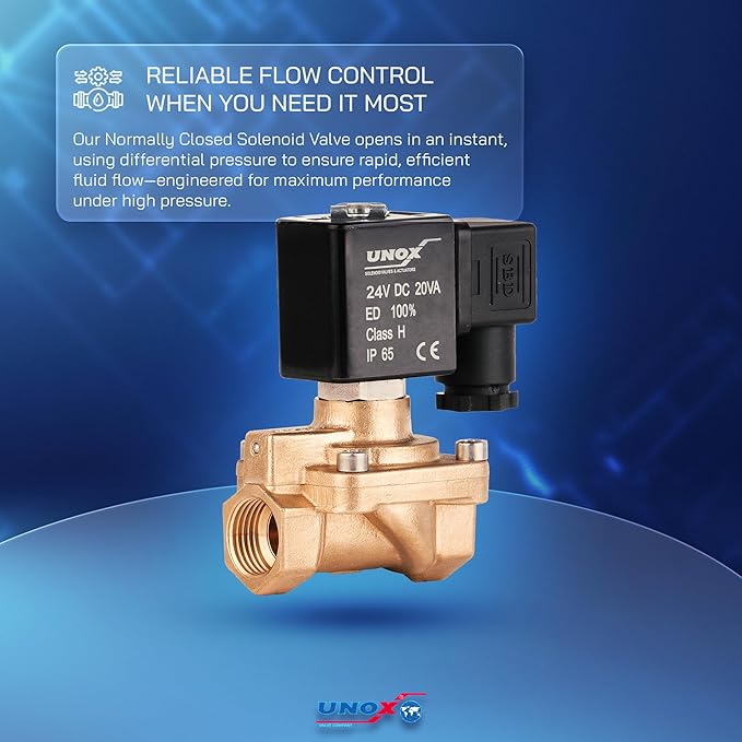 UNOX 1/2" NPT Solenoid Valve 24V DC, Brass Control Valve Normally Closed - 7-232 PSI Multi-Purpose Reliable Control Valve for Water, Air, and Gas - Solenoid Valves
