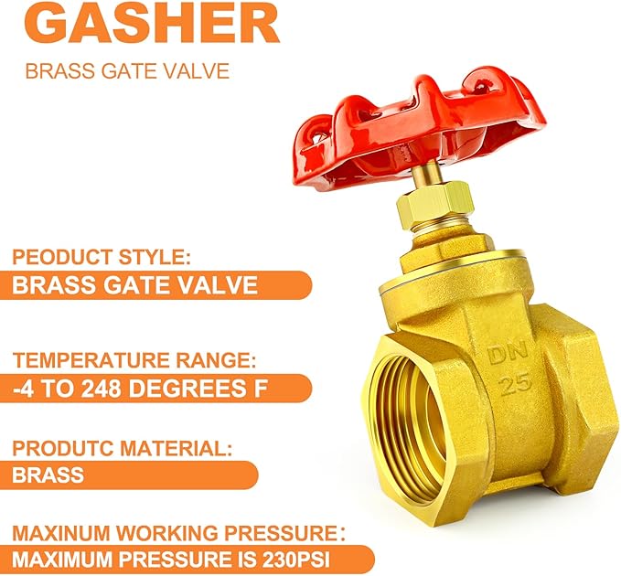 GASHER 1PCS 1 Inch Brass industrial Gate Valve, Heavy-duty Rotary Sluice Valve with Female x Female Threads, with Wheel Handle, For Water, Oil, Gas