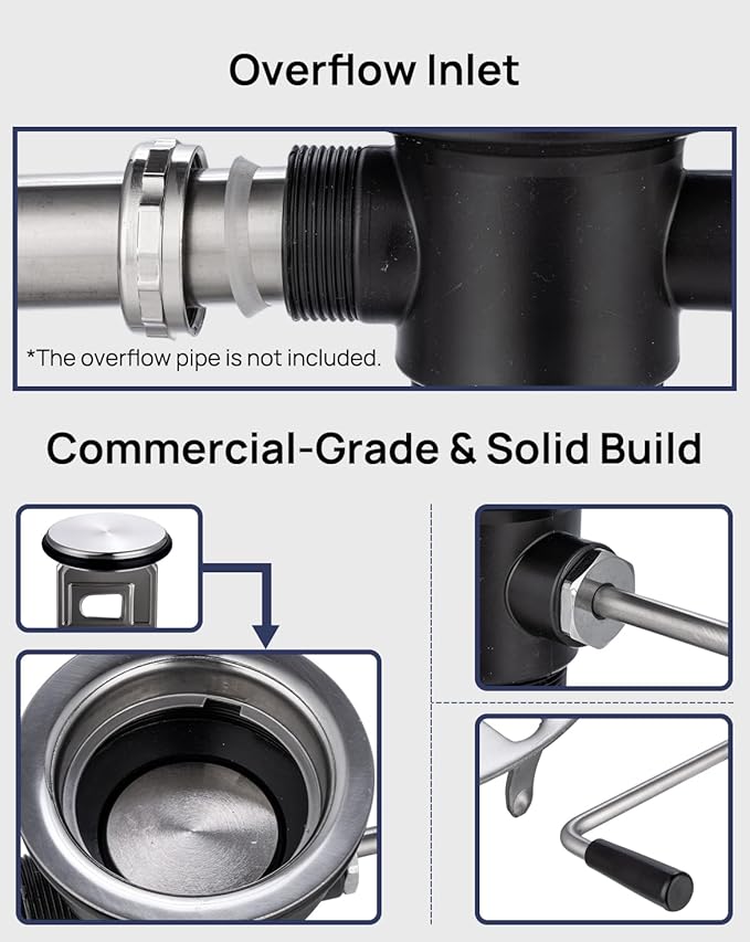 Twist Handle Commercial Sink Drain for 3 Compartment Sink,Waste Drain with overflow inlet, Brass Vlave