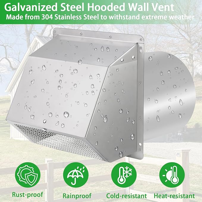 6 Inch Wall Vent Cover,Exterior Wall Vent Hood with Screen and Damper Exhaust Dryer Vent Cover Outside,External Extractor Wall Exhaust Vent Cap for Range Hood Kitchen Outdoor Air Vent,Stainless Steel