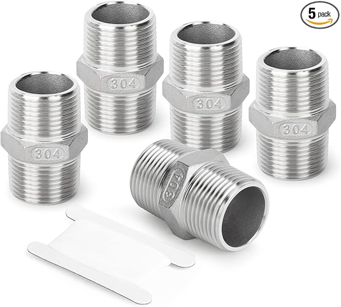 TAISHER 5PCS Cast 304 Stainless Steel Hex Nipple, Pipe Fitting 1-Inch Male Pipe x 1-Inch Male Pipe