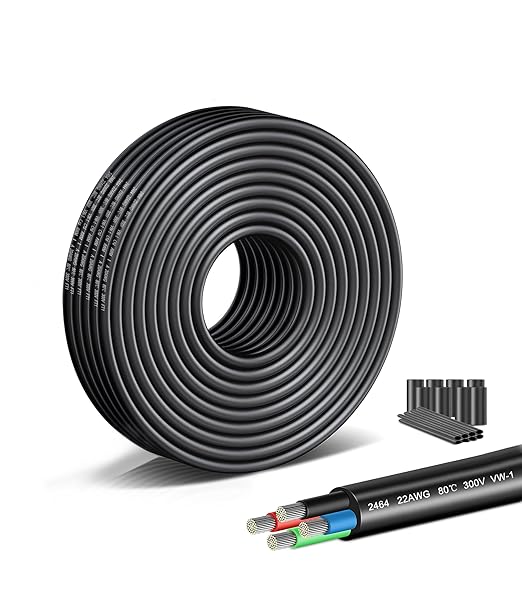 22 AWG 4 Conductor Electrical Wire - 26.25FT Stranded PVC Oxygen-Free Copper Cable with Tinned Conductors, Flexible Low Voltage LED Lighting Cable for Automotive Wiring,LED Strips Lamps