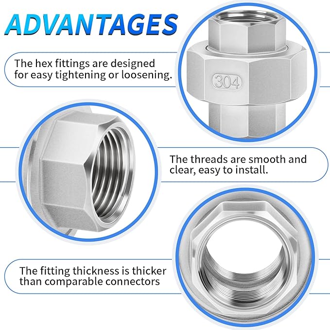 ChillWaves 304 Stainless Steel Cast Pipe Fitting, Union，1/2" NPT Female，Thread Adapter(2-PACK)