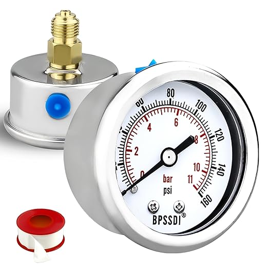 0-160 Psi Low Pressure Gauge, 2" Dial Size, 1/4 NPT Back Mount, Stainless Steel Case for Water Pressure Gauge Test for Water Pipe, HVAC(with Tape)