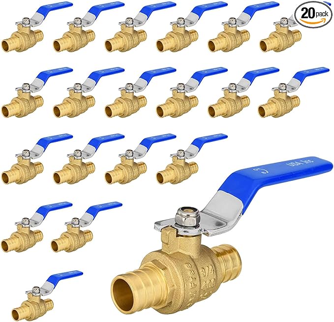 20 Pack Ball Valves, 3/4" Pex Crimp Shut Off Valve Blue, Brass Full Port Pex B Shut Off Ball Valve for Hot and Cold Water, NSF/ANSI 61 Certified